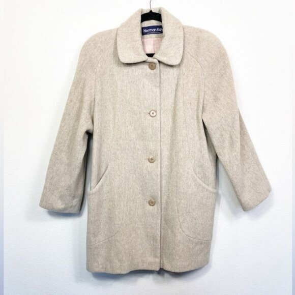 Herman Kay Vintage Wool Coat Oatmeal Tan Button-Up Lined Shoulder Pads Sze Large - Picture 2 of 8